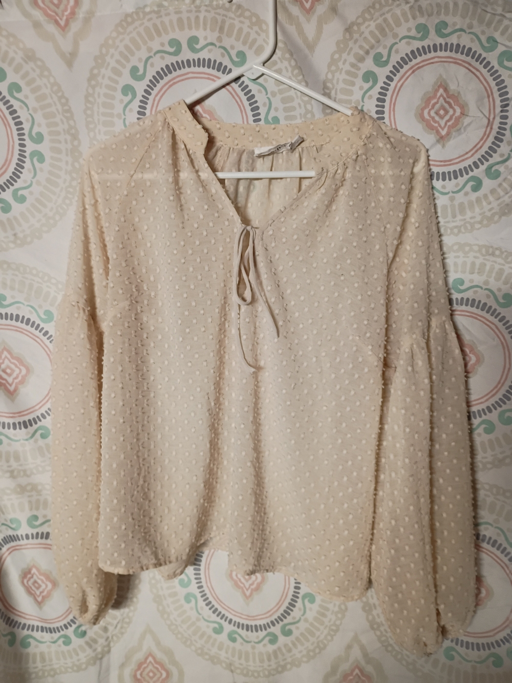 Line & Dot Cream Swiss Dot Tie-Neck Blouse